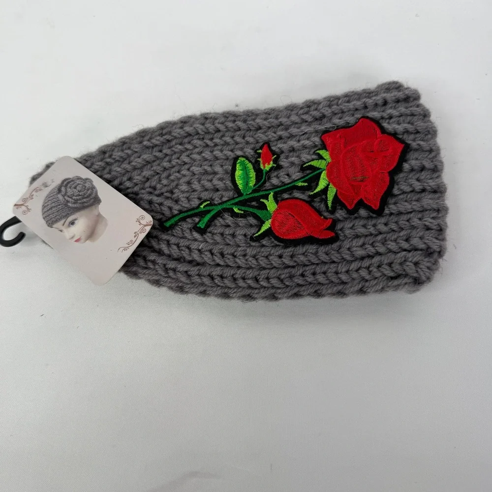 Womens Grey Knit Headband Red Rose Floral Embroidered Ear Warmer WT-510068